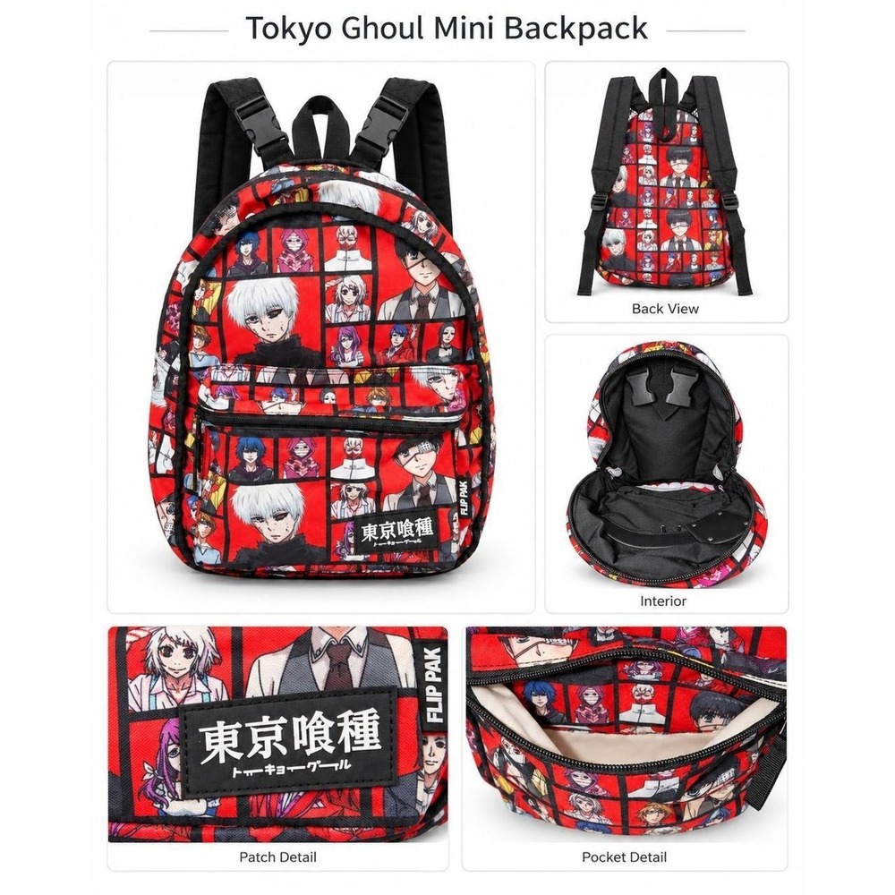 Tokyo Ghoul Flip Pak Mini Backpack Red Character Grid Print Anime Bag